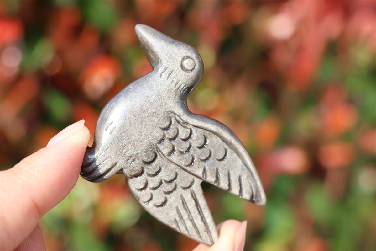 2.3” Hand Carved Natural Silver obsidian Hummingbird Crystal figurine gift 1x