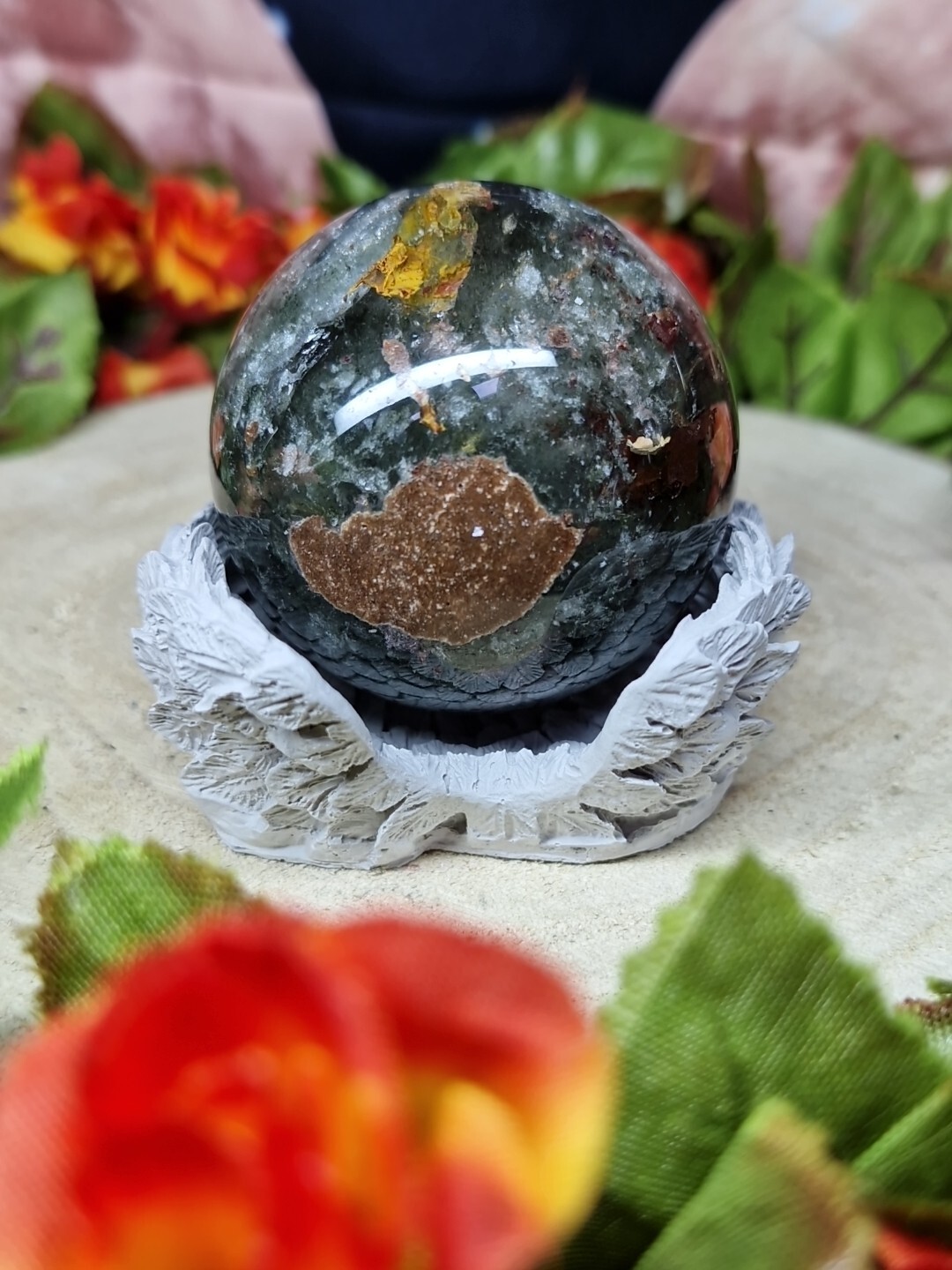 Beautiful Garden Quartz Crystal Sphere 5cm 176g & Handmade Wing Holder