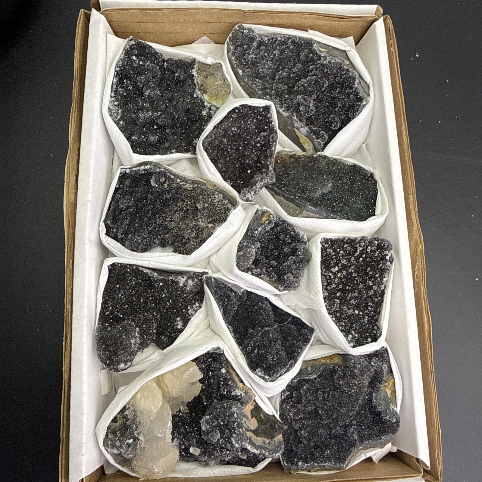 Natural Black Amethyst Zeolite With Calcite Flat! Whole Box! Crystals! Specimen!