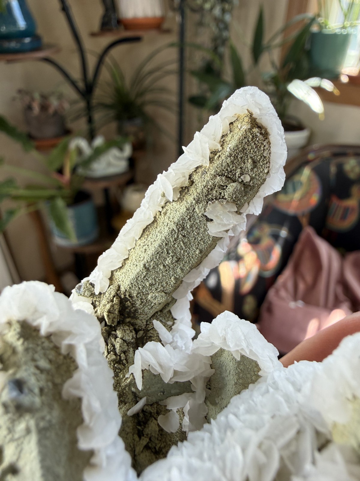 Green Chlorite Quartz Cluster with White Petal Calcite – Inner Mongolia, China
