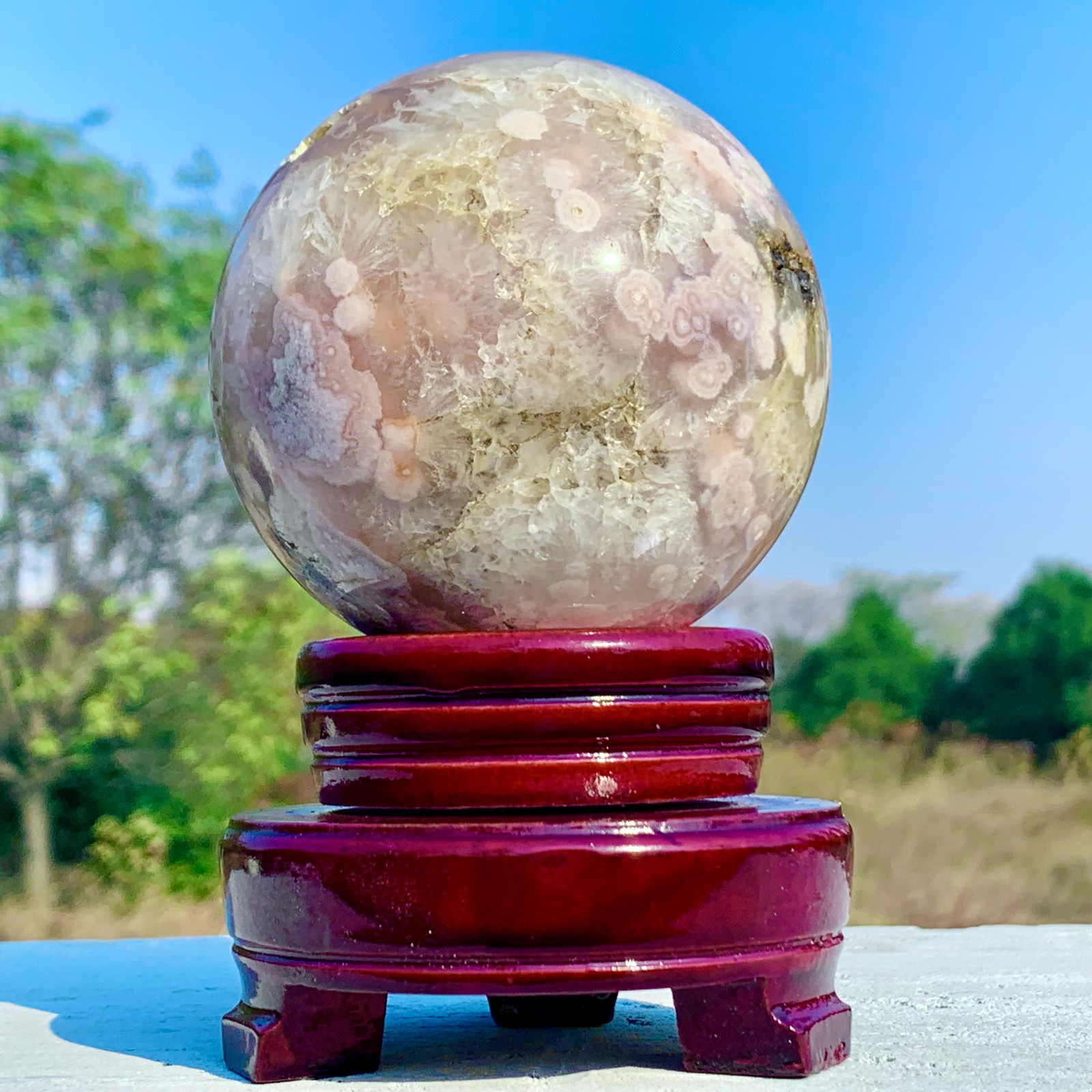 1.92LB Natural Pink Cherry Blossom Agate Geode Quartz Sphere Crystal Energy Ball