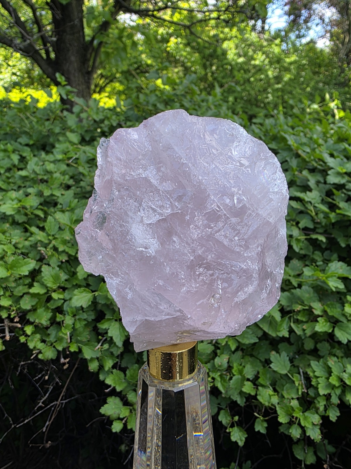 Rose Quartz with Clear Crystal Octagon Faceted Obelisk Tower