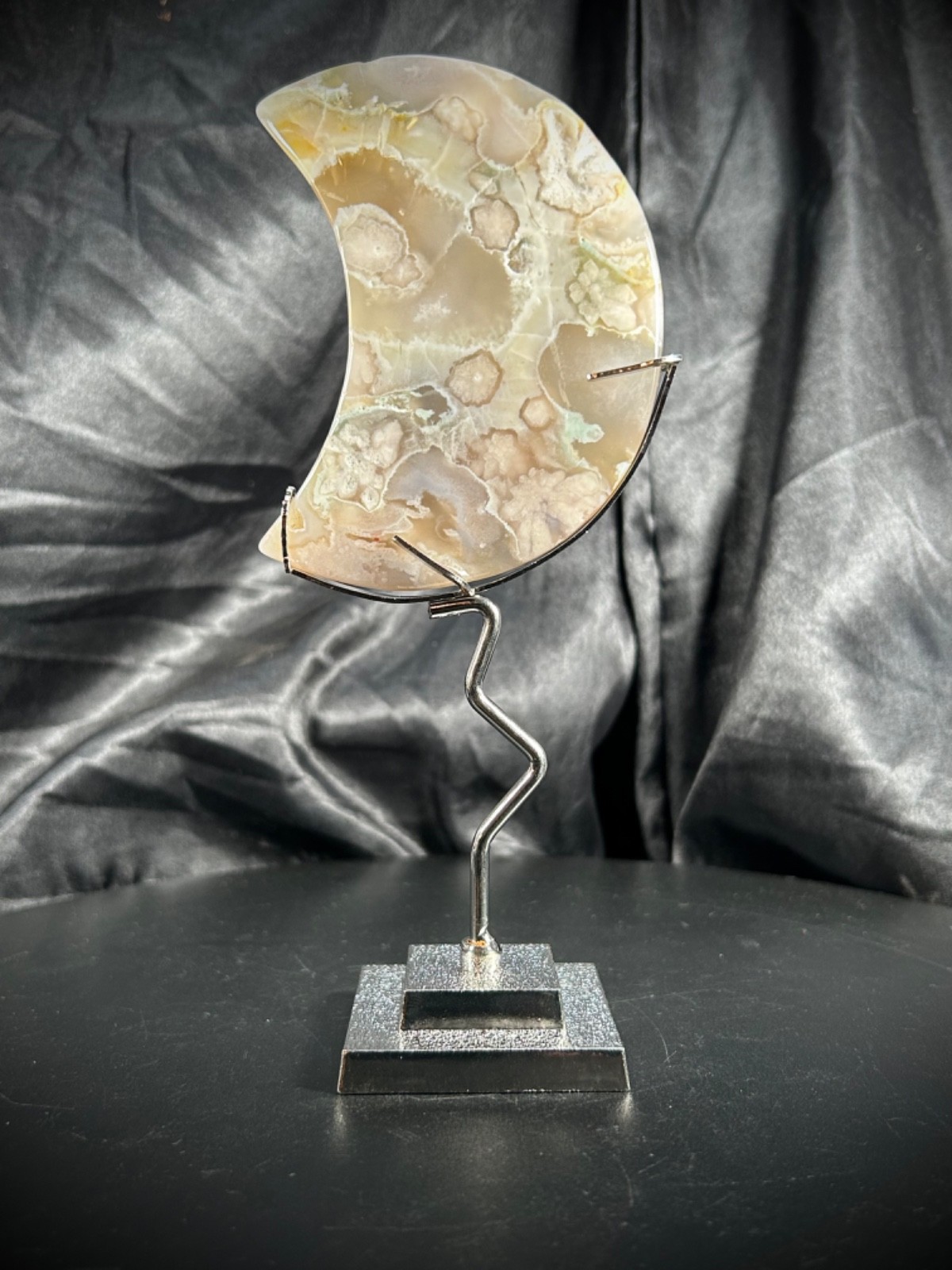 3.68″ Flower Agate Moon With Metal Stand 5.5oz (155 grams)