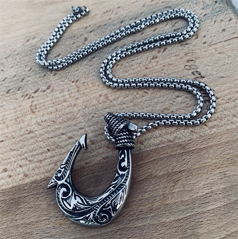 Mens Stainless Steel Biker Fishing Hawaiian Fish Hook Pendant Necklace 1PC