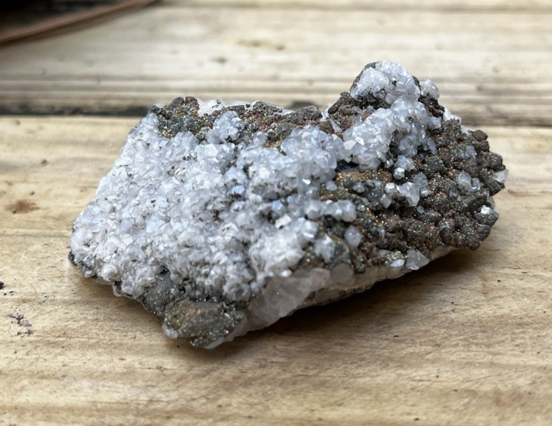 Mixed Calcite & Chalcopyrite on Green Fluorite Druzy Mineral Specimen 3.5 oz