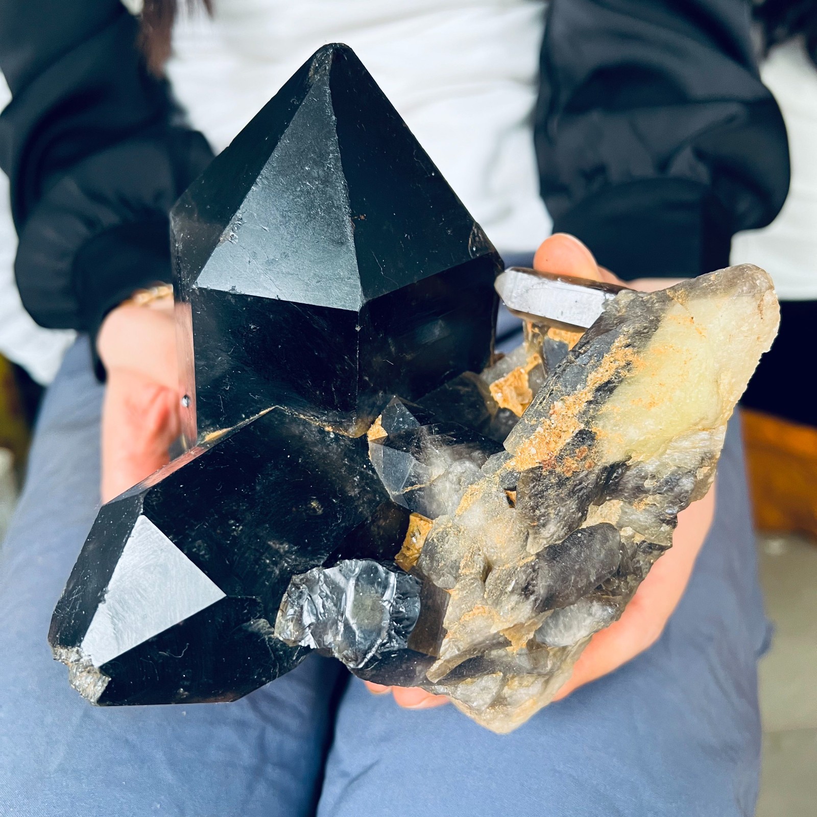 4.62LB TOP natural black smoky quartz cluster crystal vug point Mineral specimen