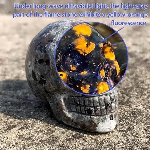 Natural Yooperlite Stone Skull Sculpture 2″ UV-Reactive Quartz Halloween Decor,
