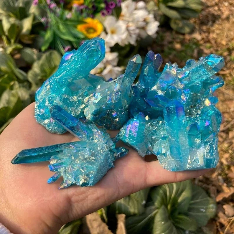 80-100g Aura Blue Crystal Cluster Quartz Titanium Rainbow Healing Geode Gift