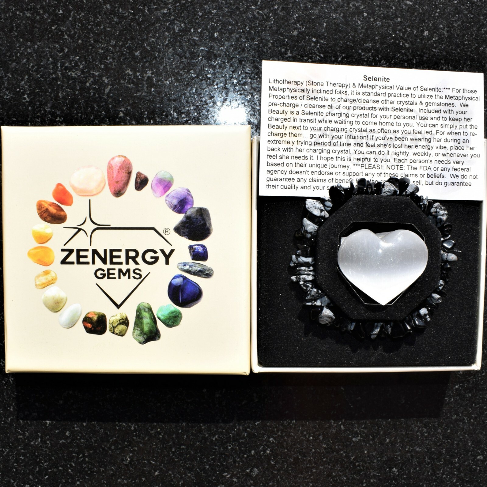 Charged Snowflake Obsidian Crystal Chip Bracelet + Selenite Puffy Heart