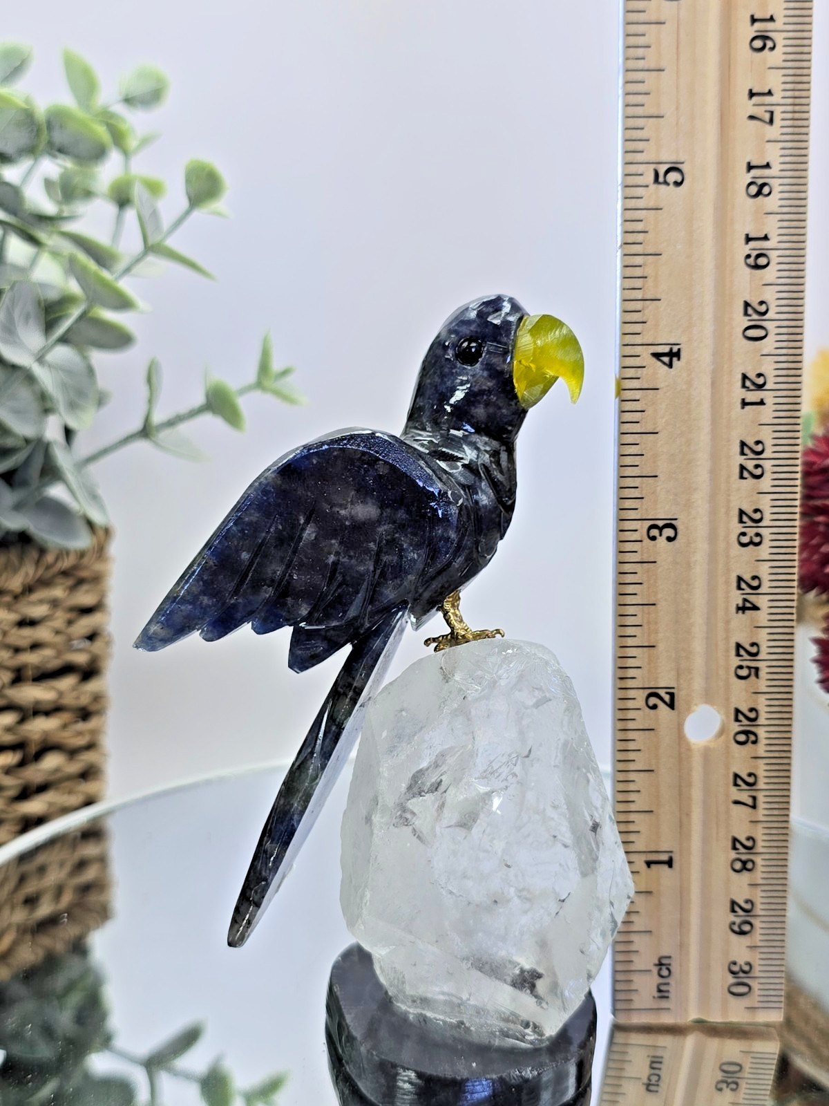 Hand Carved Dark Blue Macaw on Clear Crystal Base 4.25″ Natural Stone Bird