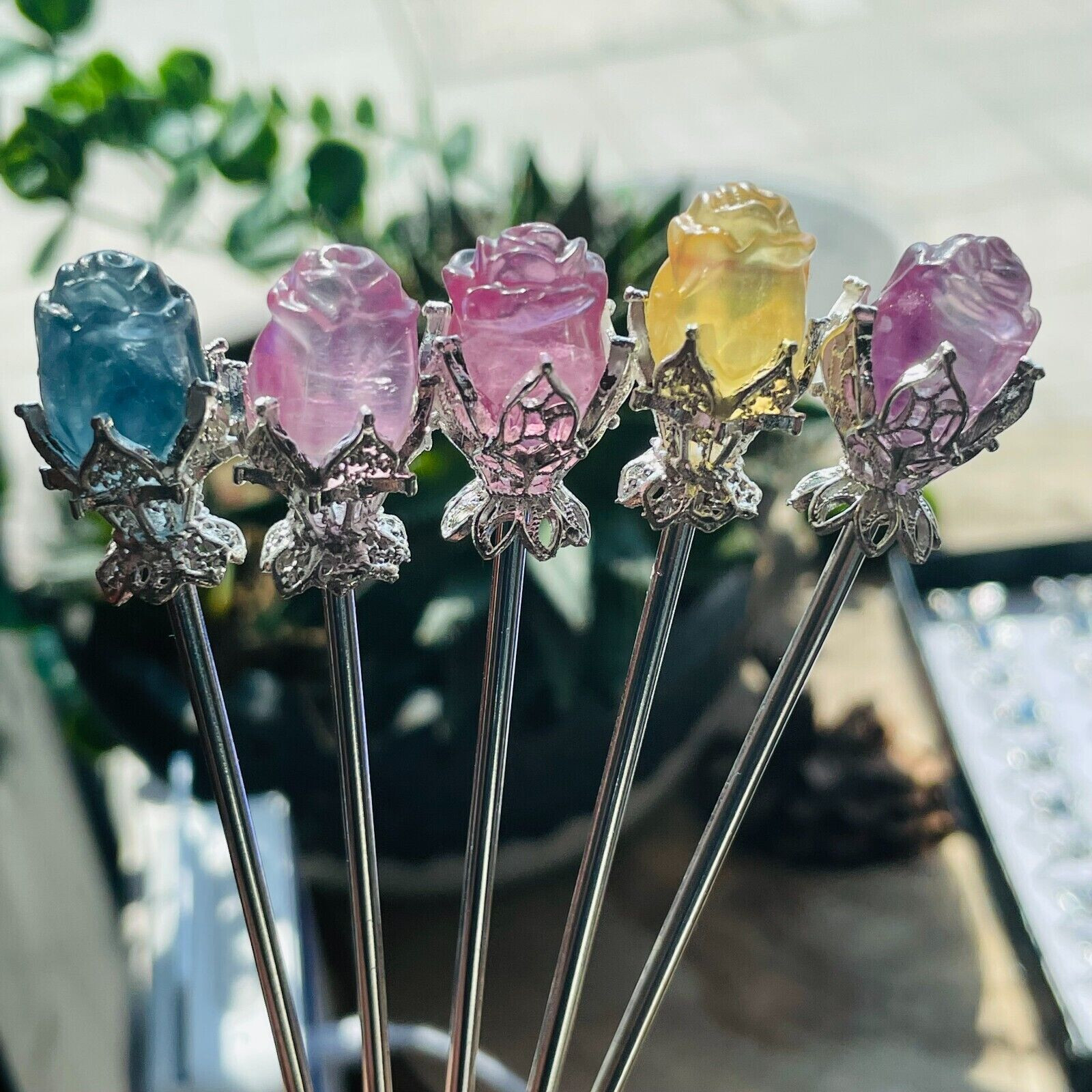 5pc Natural fluorite carved rose hairpin quartz crystal reiki healing random