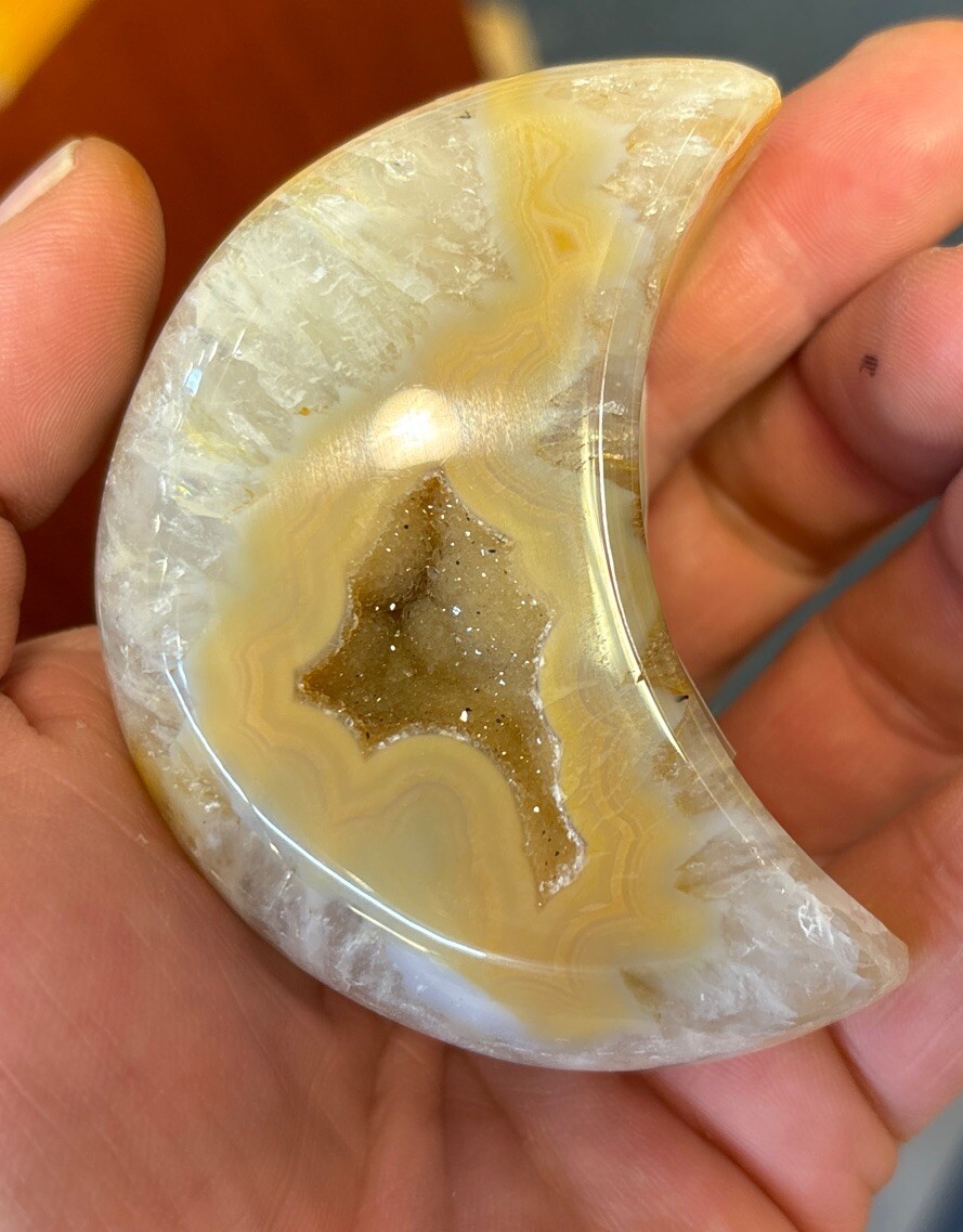 Druse agate moon with acrylic stand 3 1/4”