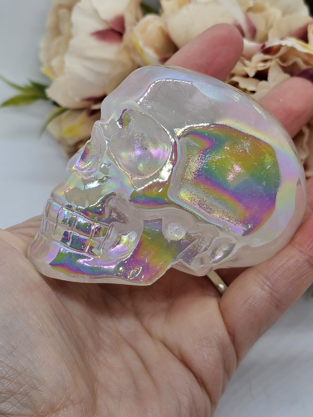 *SALE* Angel Aura Rose Quartz Rainbow crystal Skull 281g 5x7x4.8cm