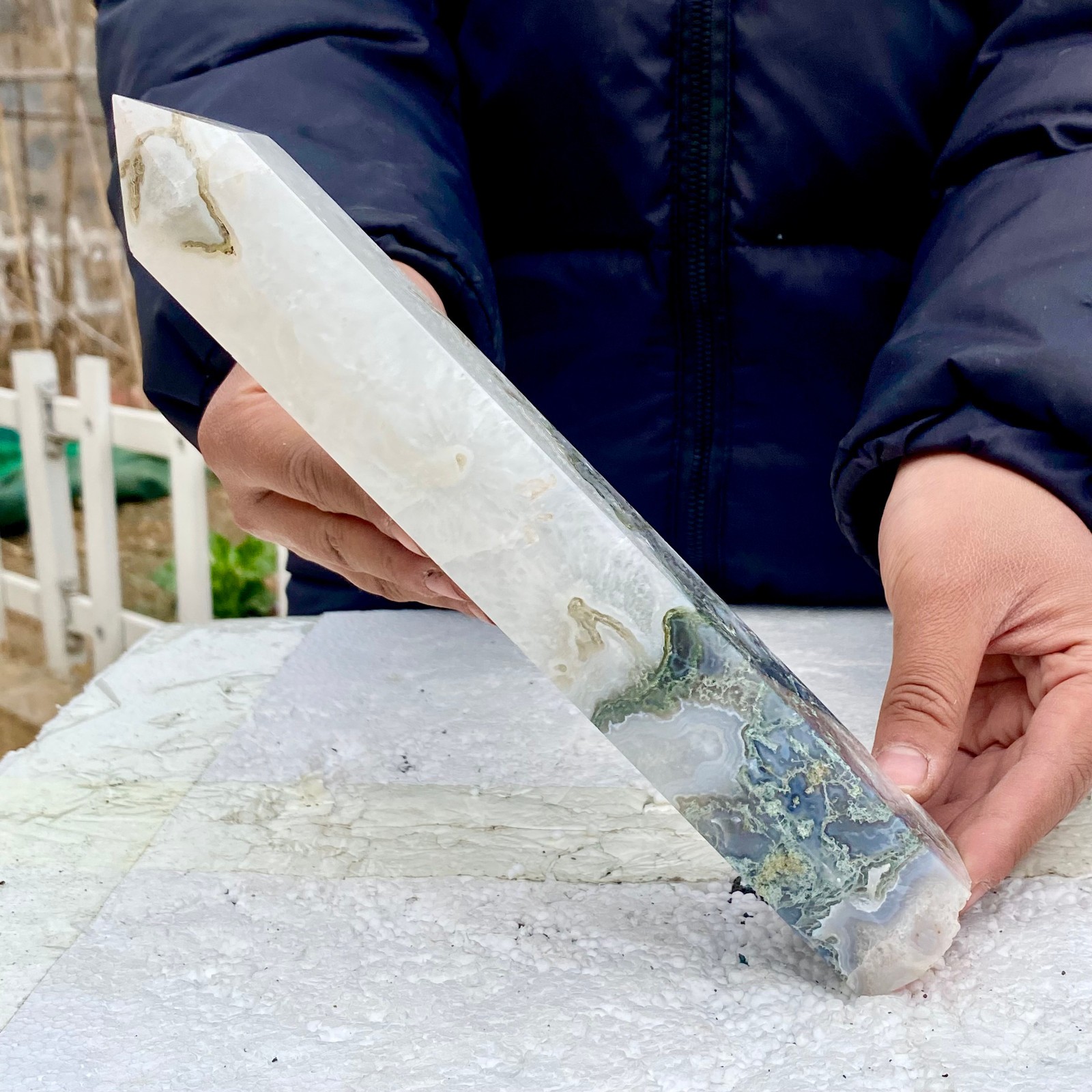 1.76LB Natural green moss agate quartz crystal obelisk aura healing
