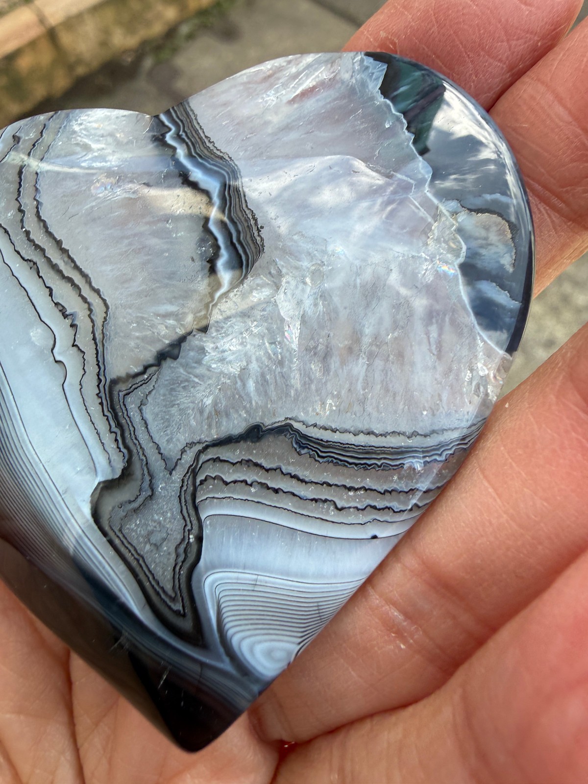 Black and clear banded Botwana Agate Natural Crystal Heart Polished Success 83g