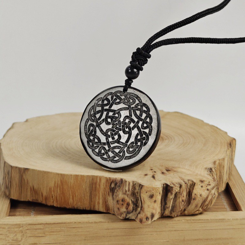 Shungite black natural stone circular pendant carved with retro totem pendant