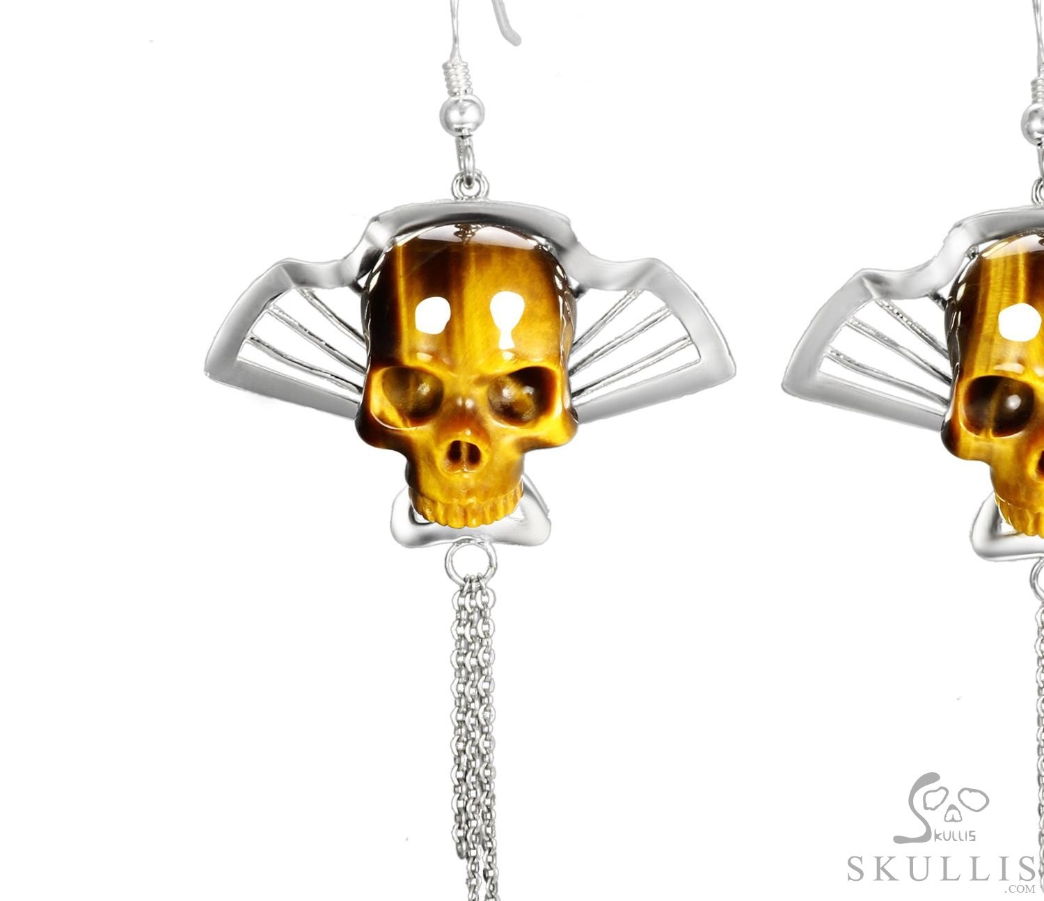 Gemstone Gold Tiger Eye & 925 Sterling Silver Carved Crystal Skull Earrings