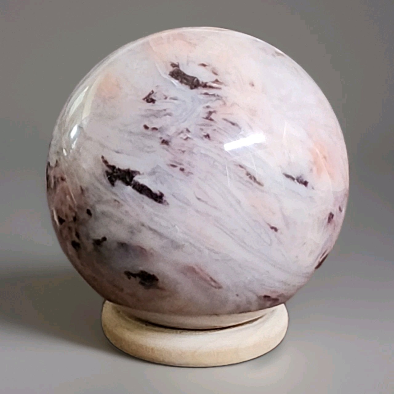 Natural Polished Pink Banded Plume Agate Sphere 2.43″ – 338g – USA