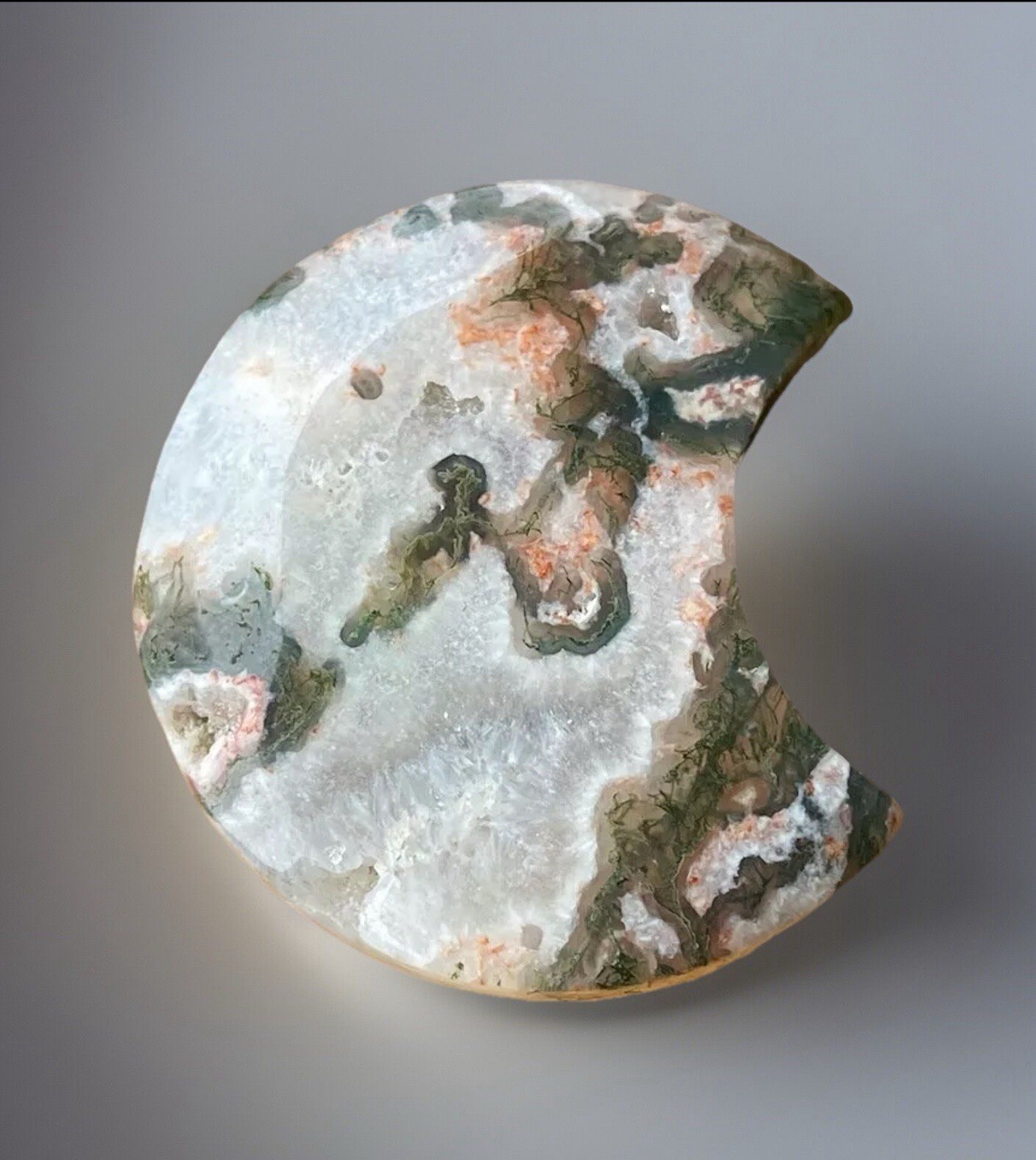 Natural Moss Agate Moon Crystal Carving W/Green Pink Moss & White Quartz