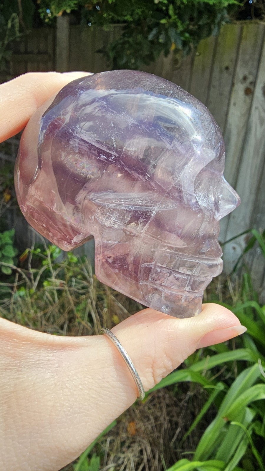 Rainbow purple Fluorite Skull Crystal Carving 369g Purple 7.5 x 6 x4.8cm