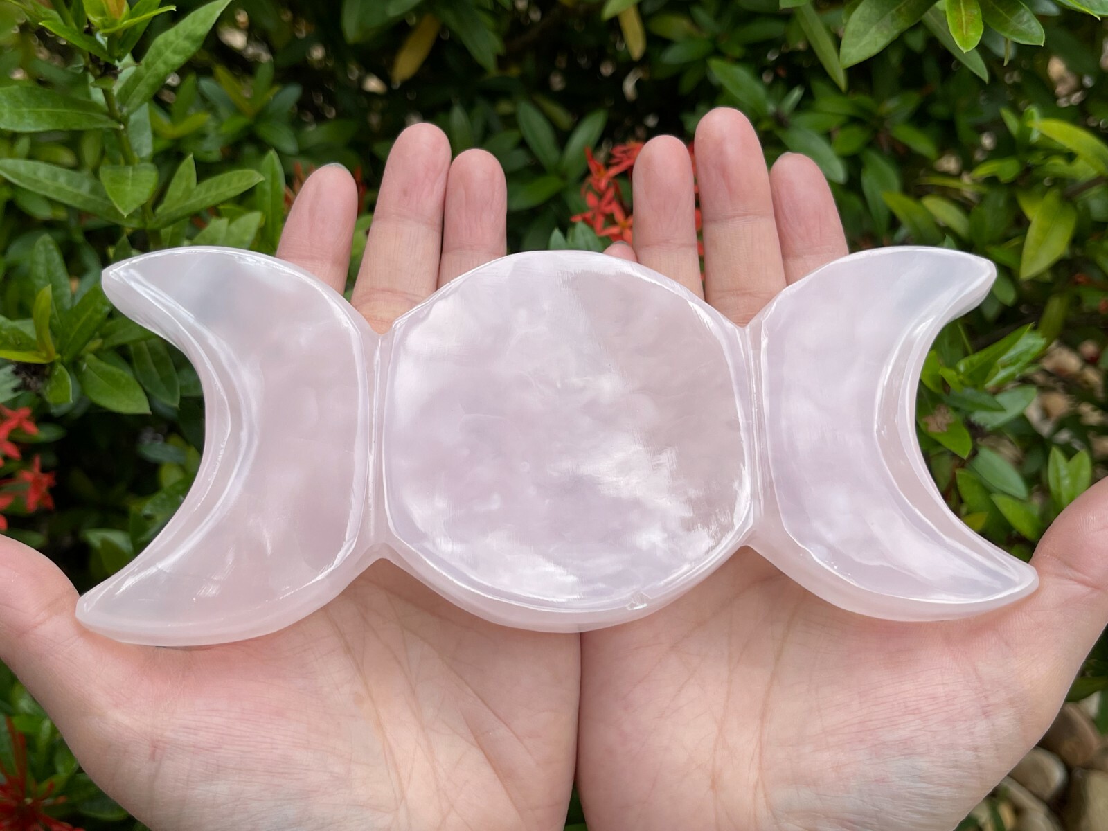 Triple Moon Pink Calcite Bowl, 5″ & 7″ Long Calcite Pink Triple Moon Carved