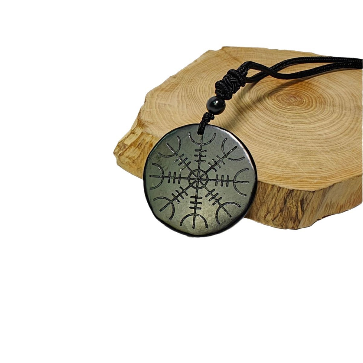 Shungite black natural stone circular pendant carved with retro totem pendant