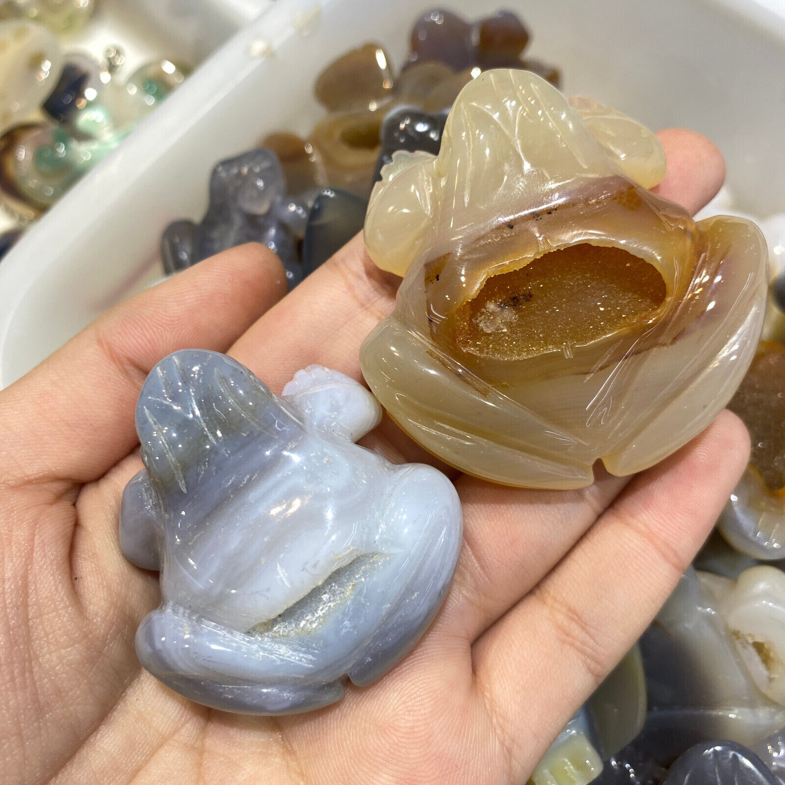 1PC Natural Geode agate hand carved frog Crystal quartz Healing Gift random