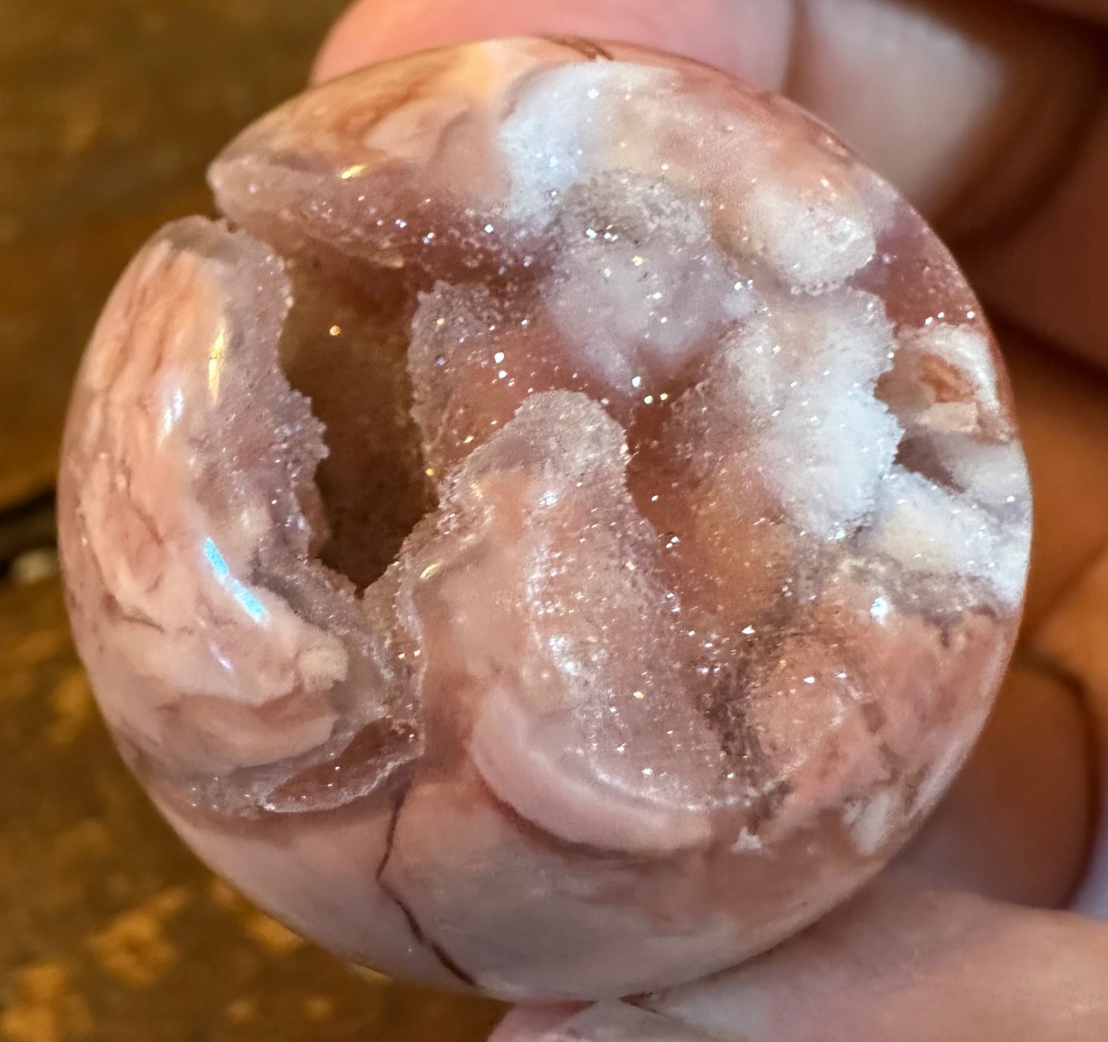 Two pink amethyst druzy spheres and “earth mother” resin stand Free shipping