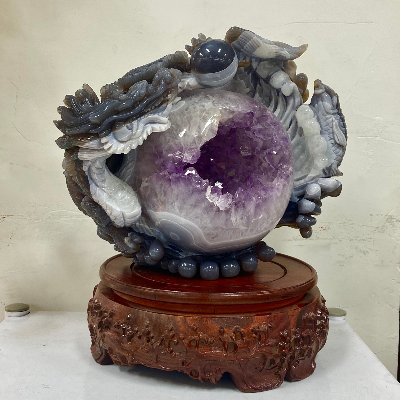 18.14LB Rare Natural Uruguay Amethyst Geode Quartz Crystal agate Carved Dragon