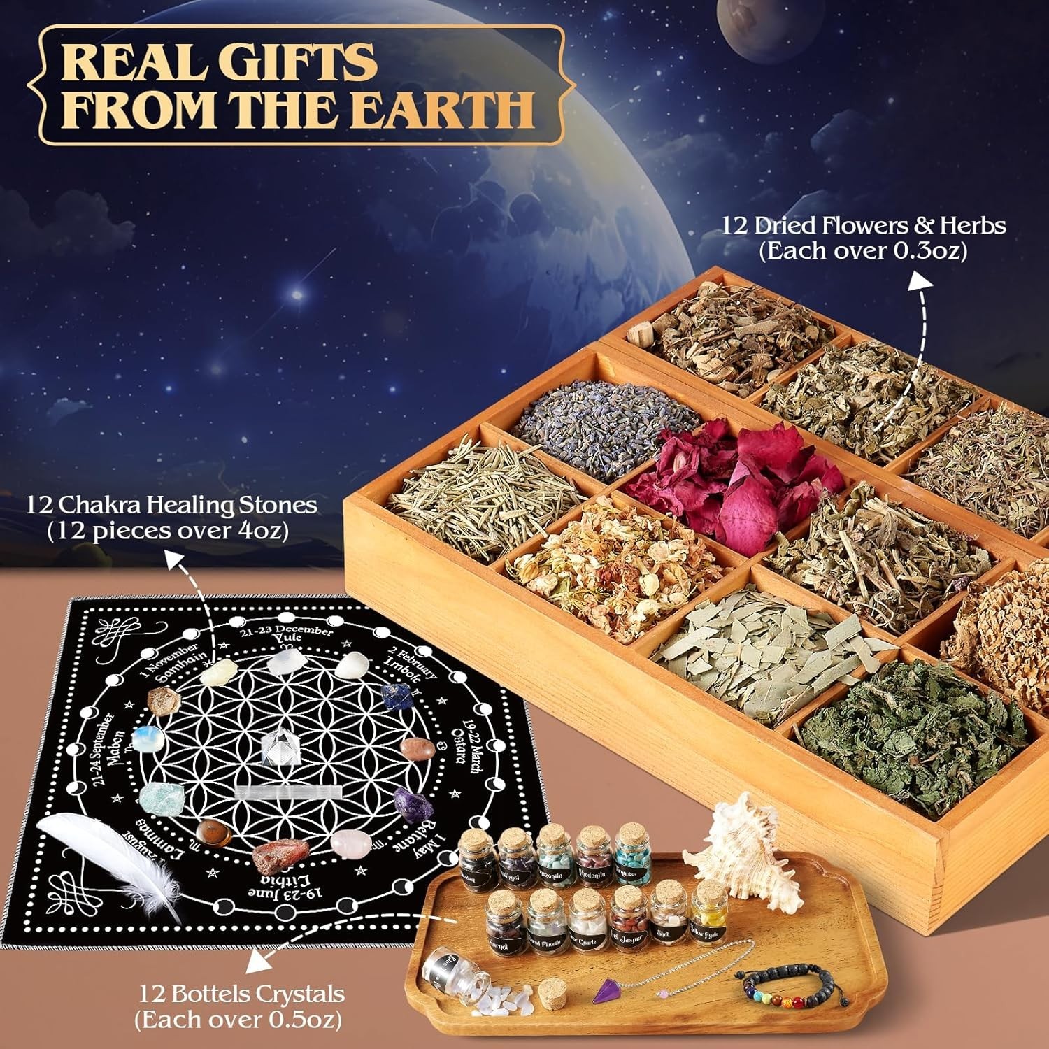 80pc Witchcraft Supplies Kit – Wiccan Starter Set w/ Crystals, Herbs, Spell Cand