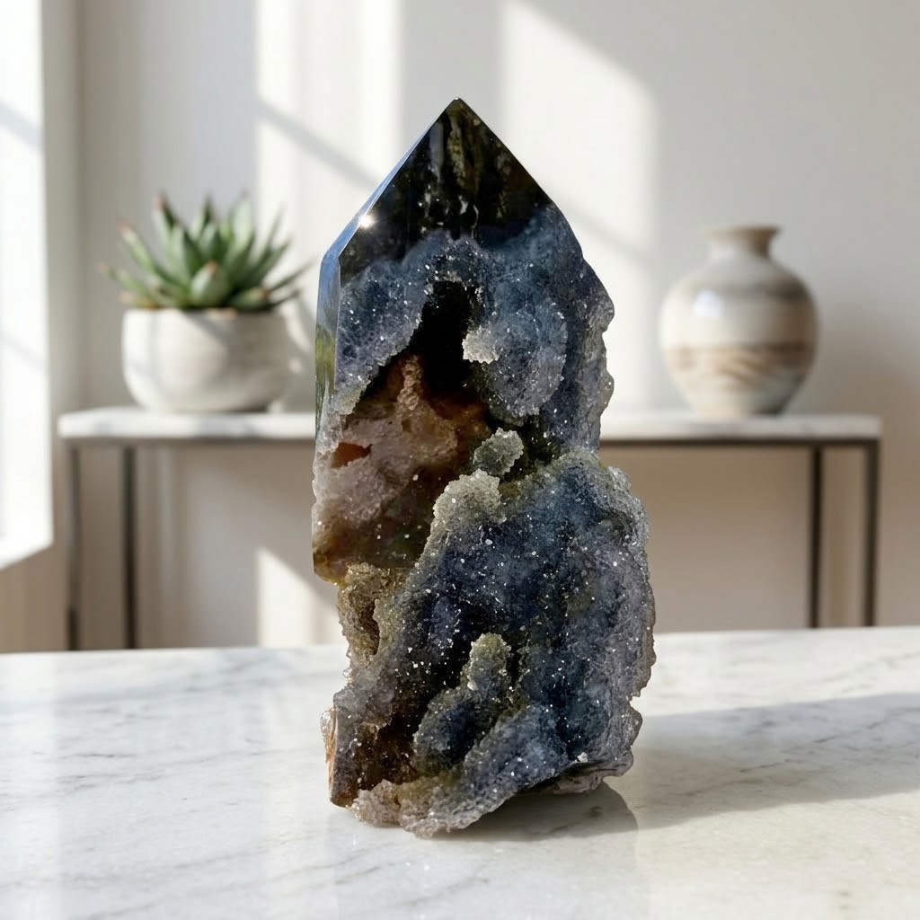 Rare Black Sphalerite Point Natural Geode Tower Specimen Home Decor Art 3-3.5″