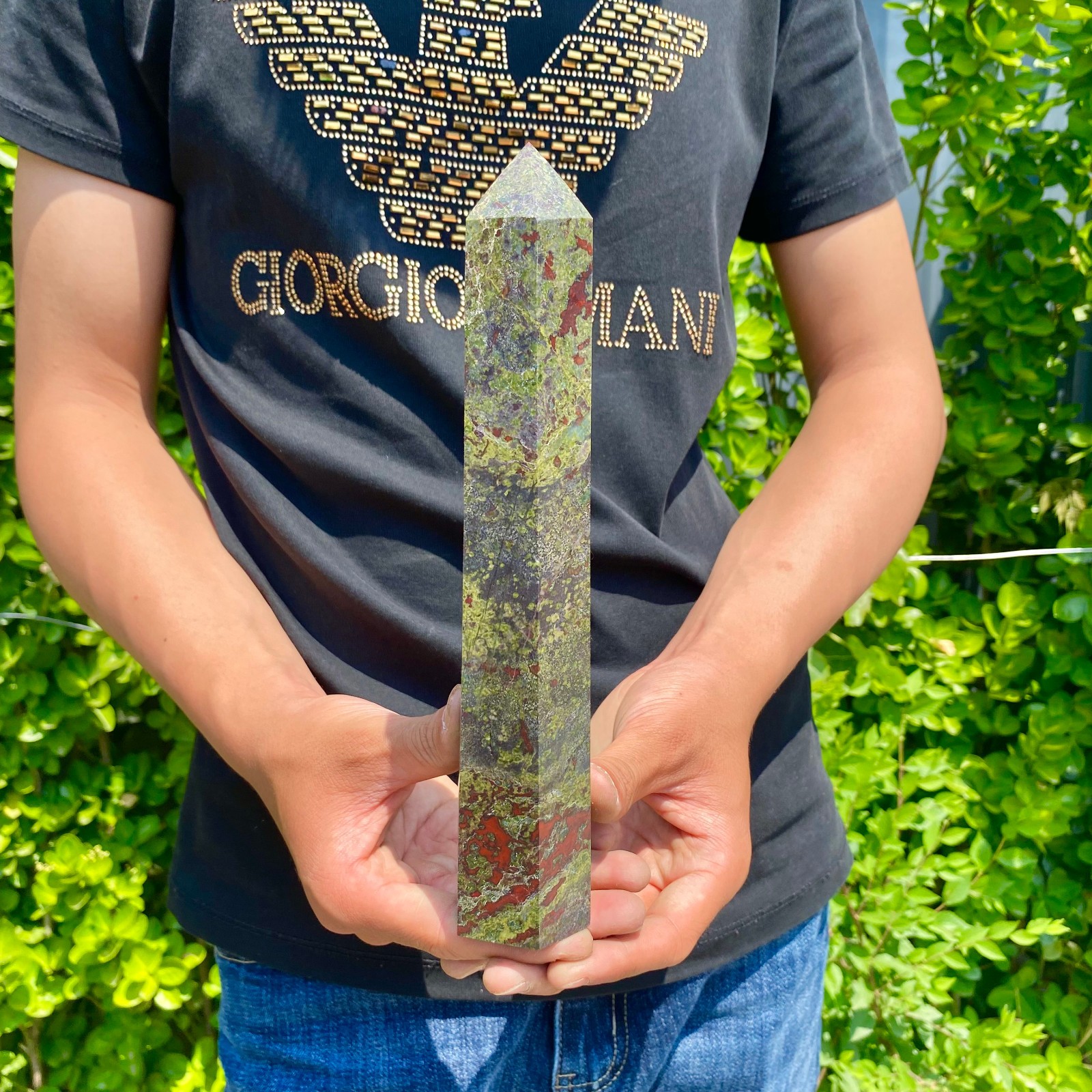 1.82LB Natural dragon’s blood stone obelisk quartz crystal column restoration