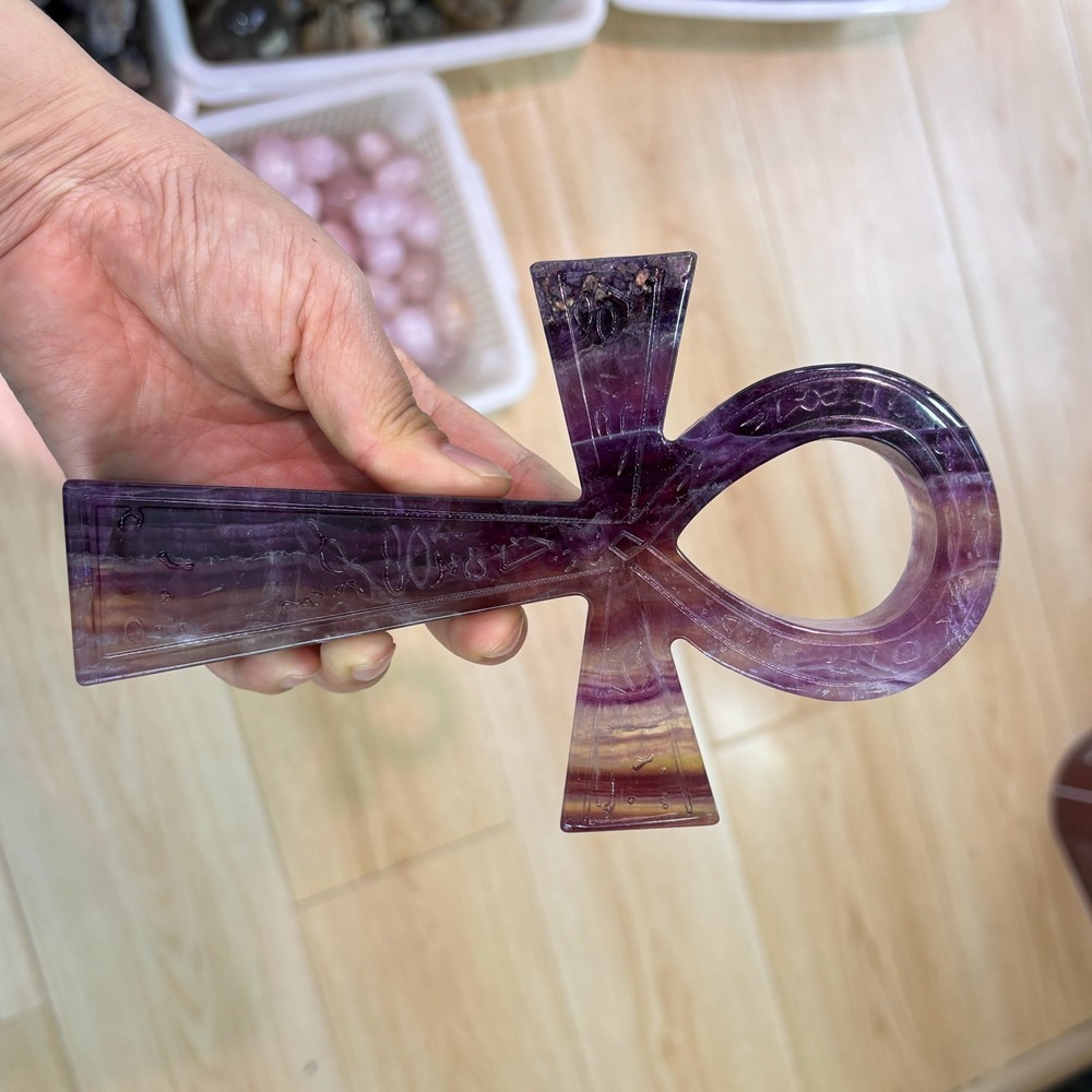 Natural Fluorite Quartz Crystal Cross Carved Crystal Ankh Reiki Healing 1pc