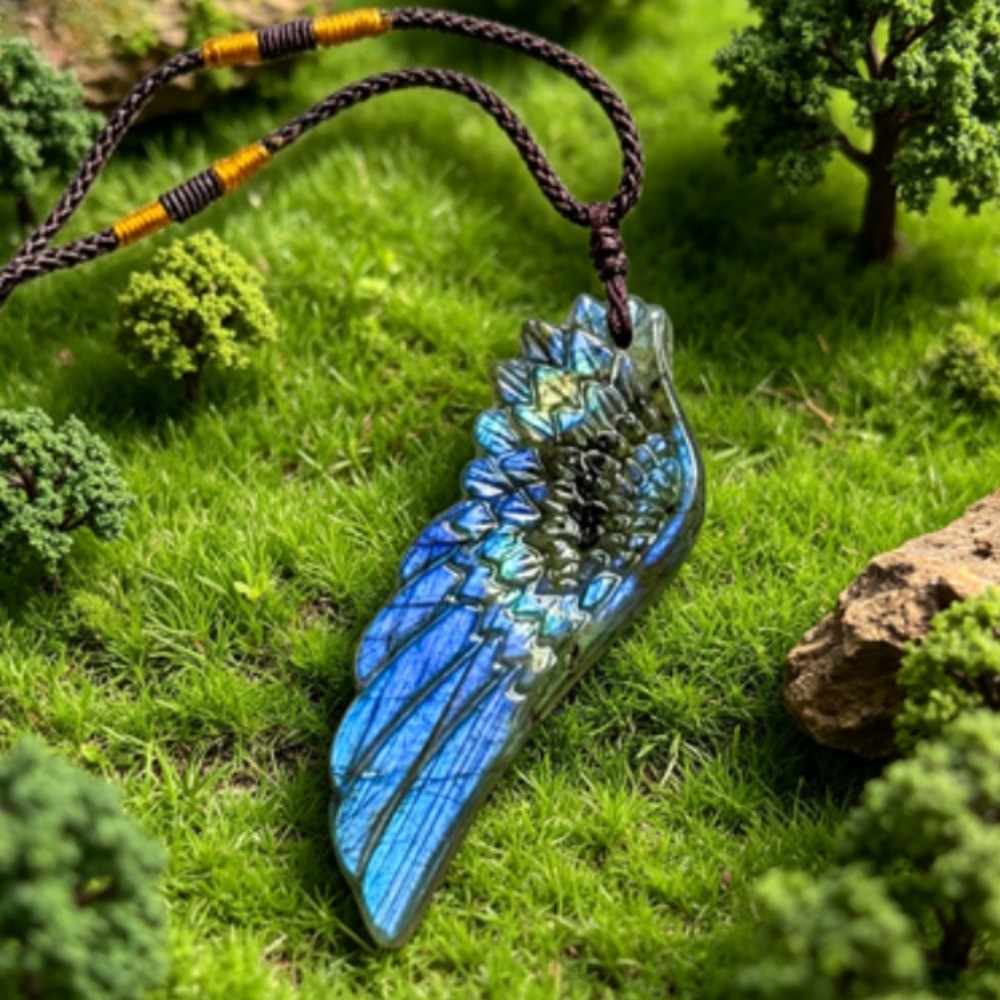 Natural Labradorite Angel Wings Pendant Necklace Carved Crystal Healing Gift1pcs