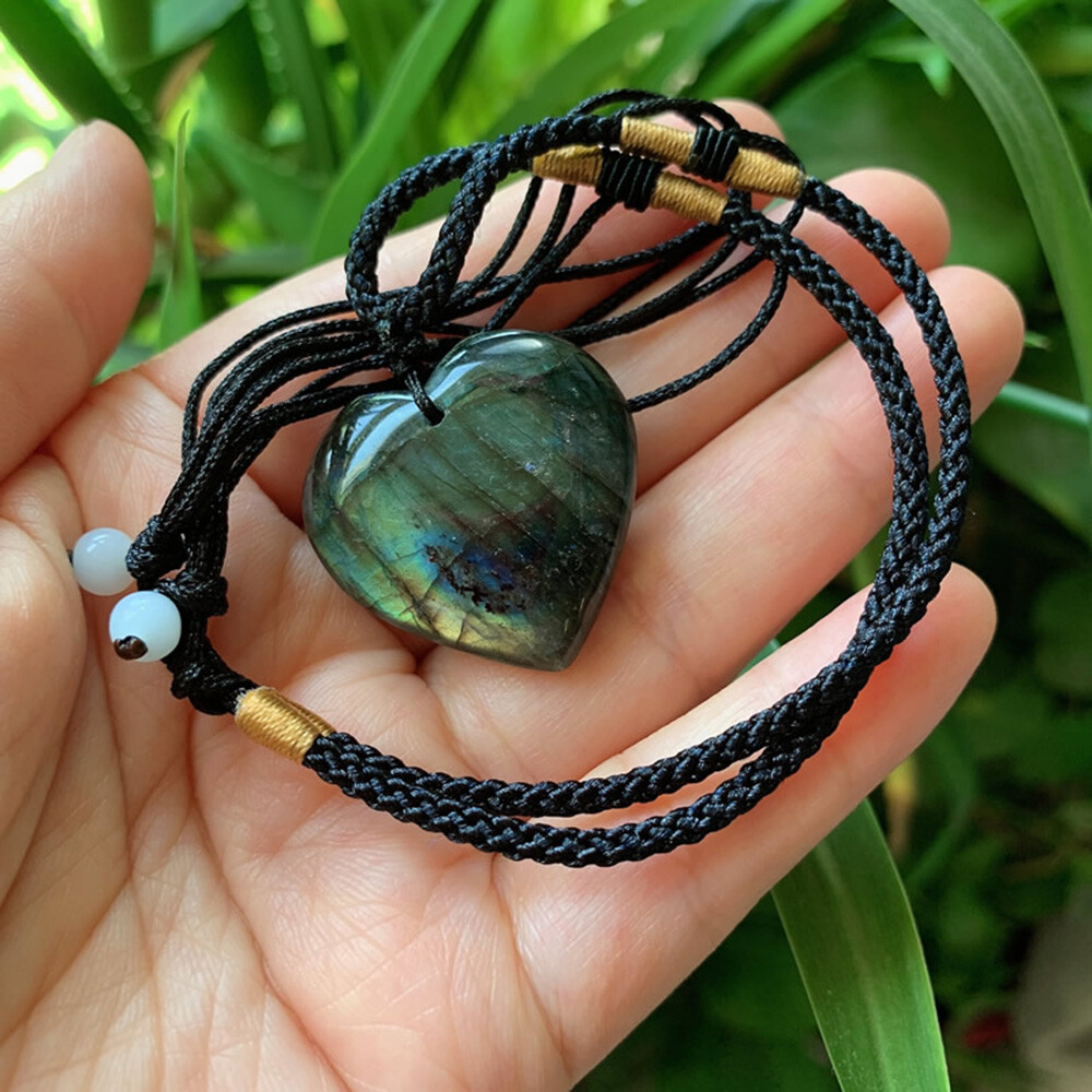Natural Heart Pendant Labradorite Necklace Gem Moonstone Stone Crystal EOB