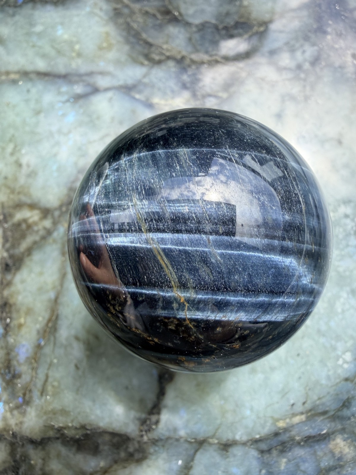 Blue Tiger’s Eye (Hawk’s Eye) Sphere | Intense Chatoyancy Cat’s Eye Effect |1.9″