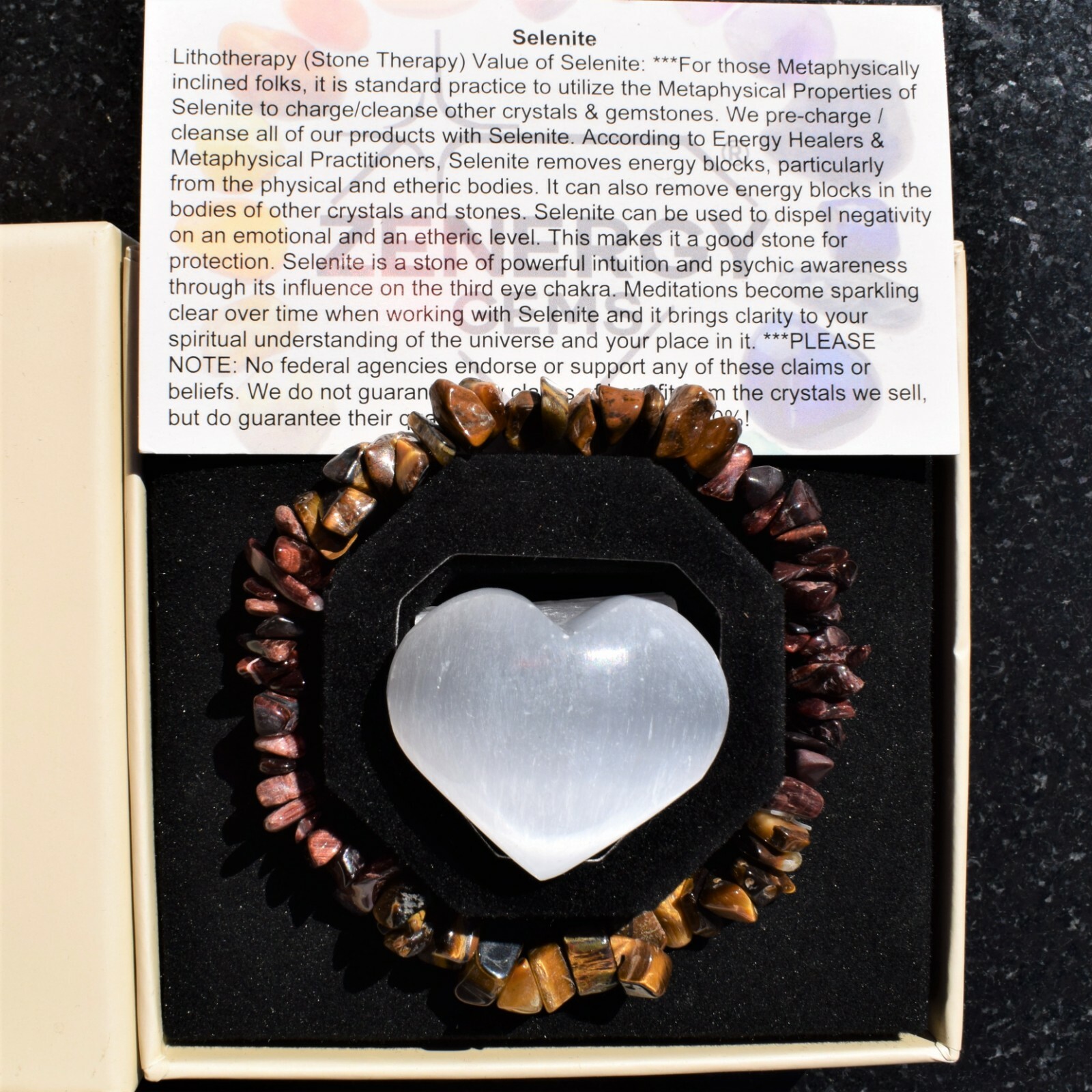 CHARGED Red Tiger Eye & Golden Tiger Eye Crystal Chip Stretchy Bracelet + Heart