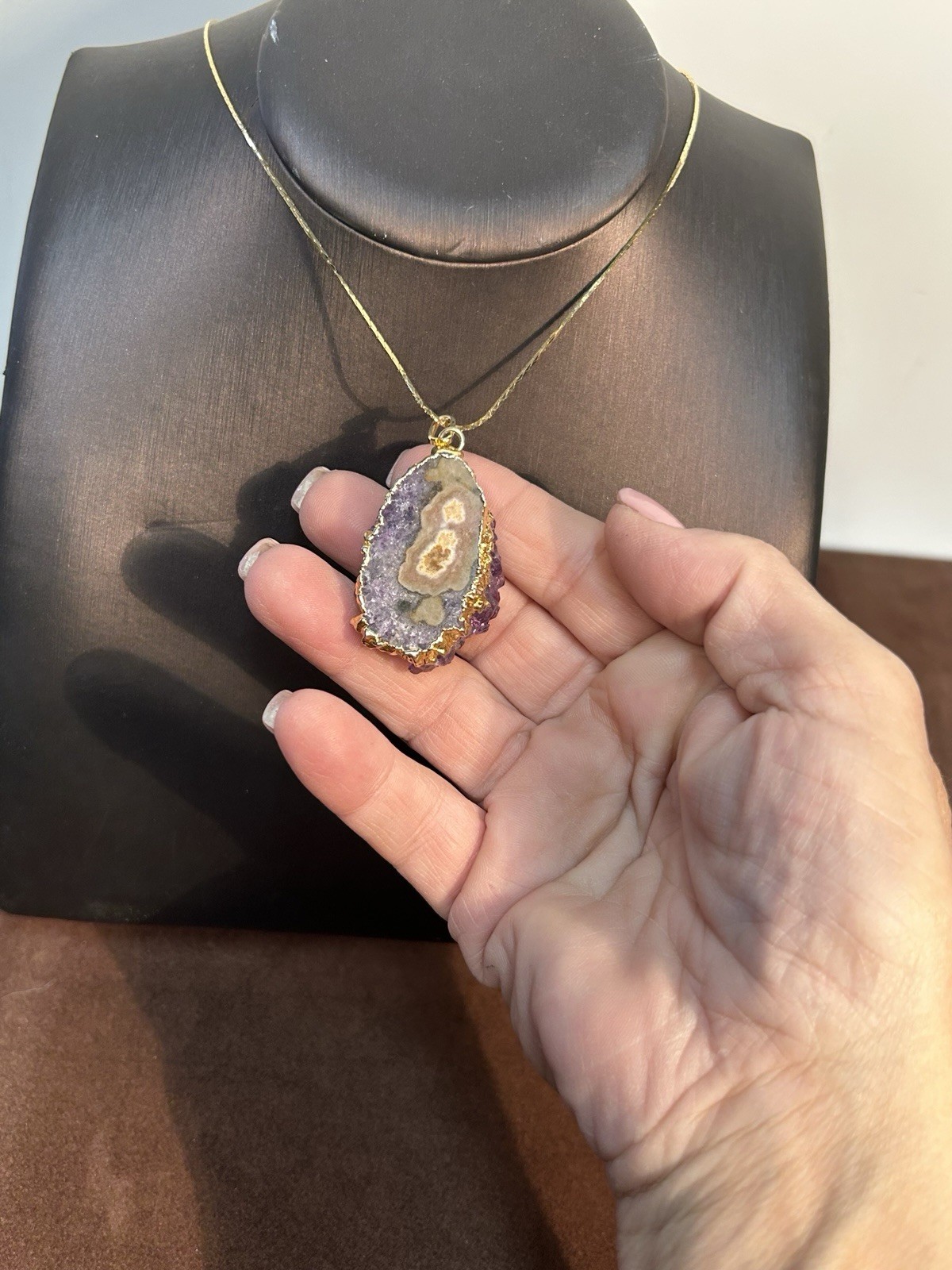 Natural Amethyst Crystal Geode Pendant Necklace