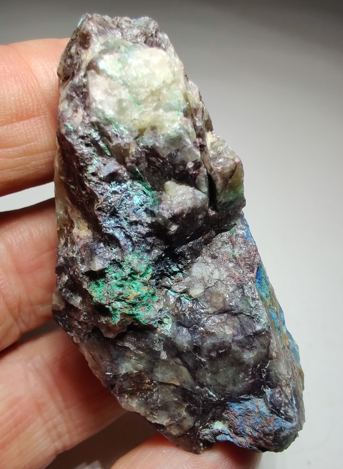 Shattuckite with Dioptase, etc on Quartz. Kunene Region, Namibia. 89 grams.