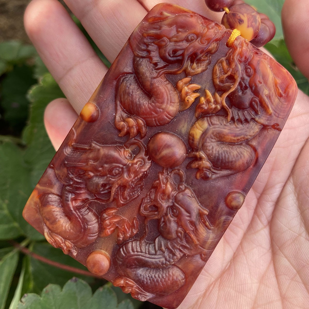 Artificial Wood Red Finish Forest Carved Dragon Pendant Style Chinese Amulet
