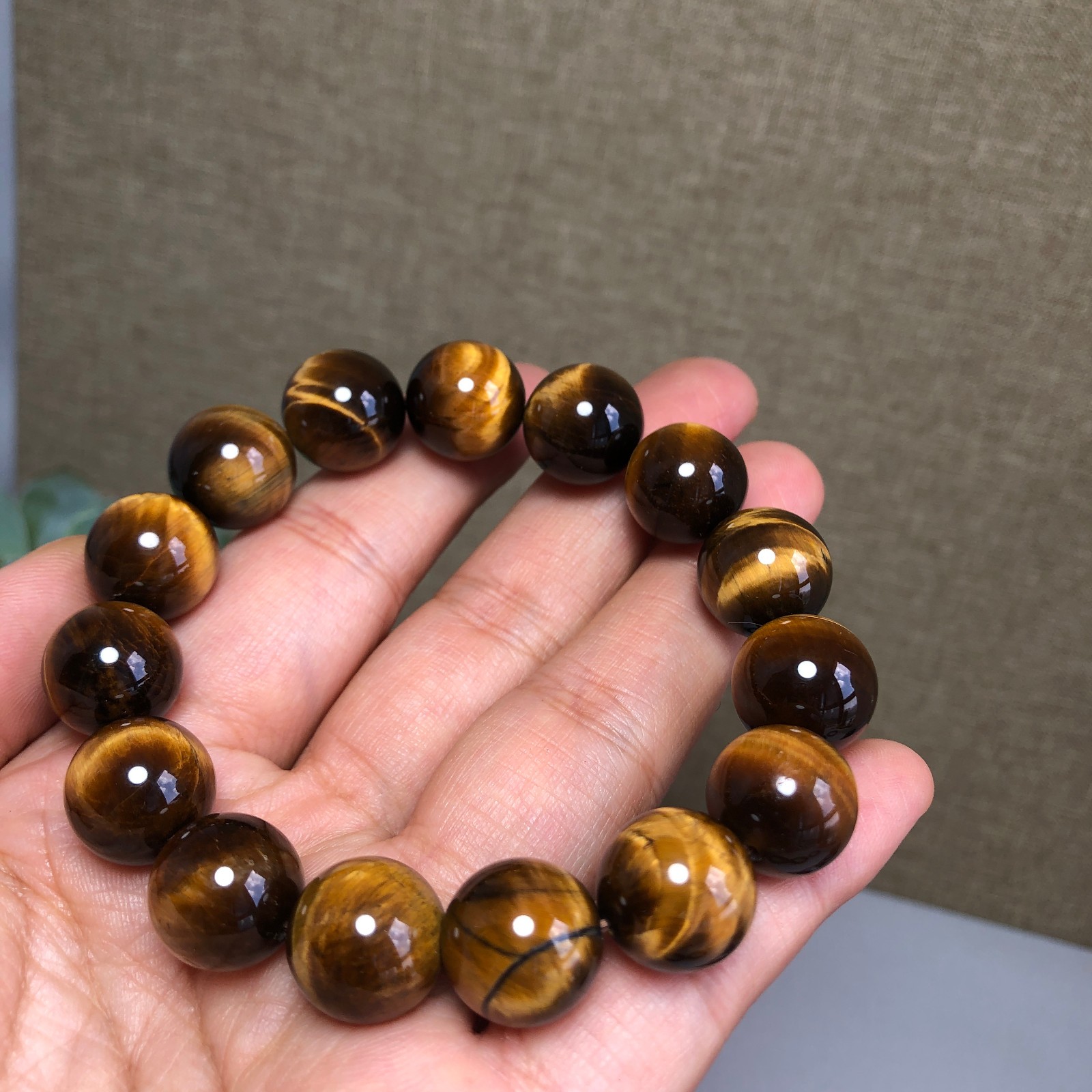 14mm Natural yellow tiger eye Crystal Quartz chain beads bracelet 58.3g g7637
