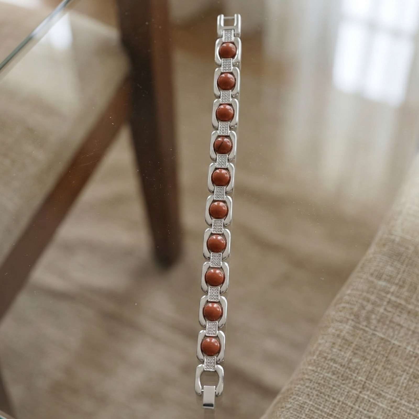 Natural Red Jasper Silver Plated Bracelet, Smooth Round Stones, Statement Look