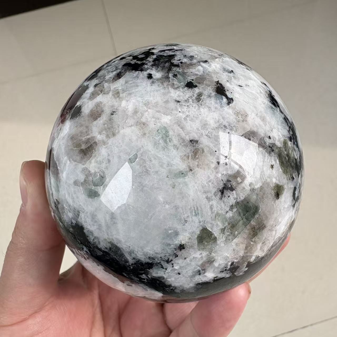 2.2LB 3.5″ Natural Black And White Moonstone Sphere Crystal Ball Healing