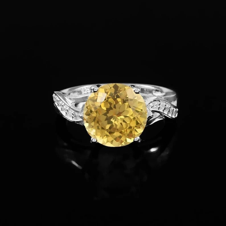 10 Ct Natural Yellow Sapphire Certified Ring With Zircon Accents In 925 Silver