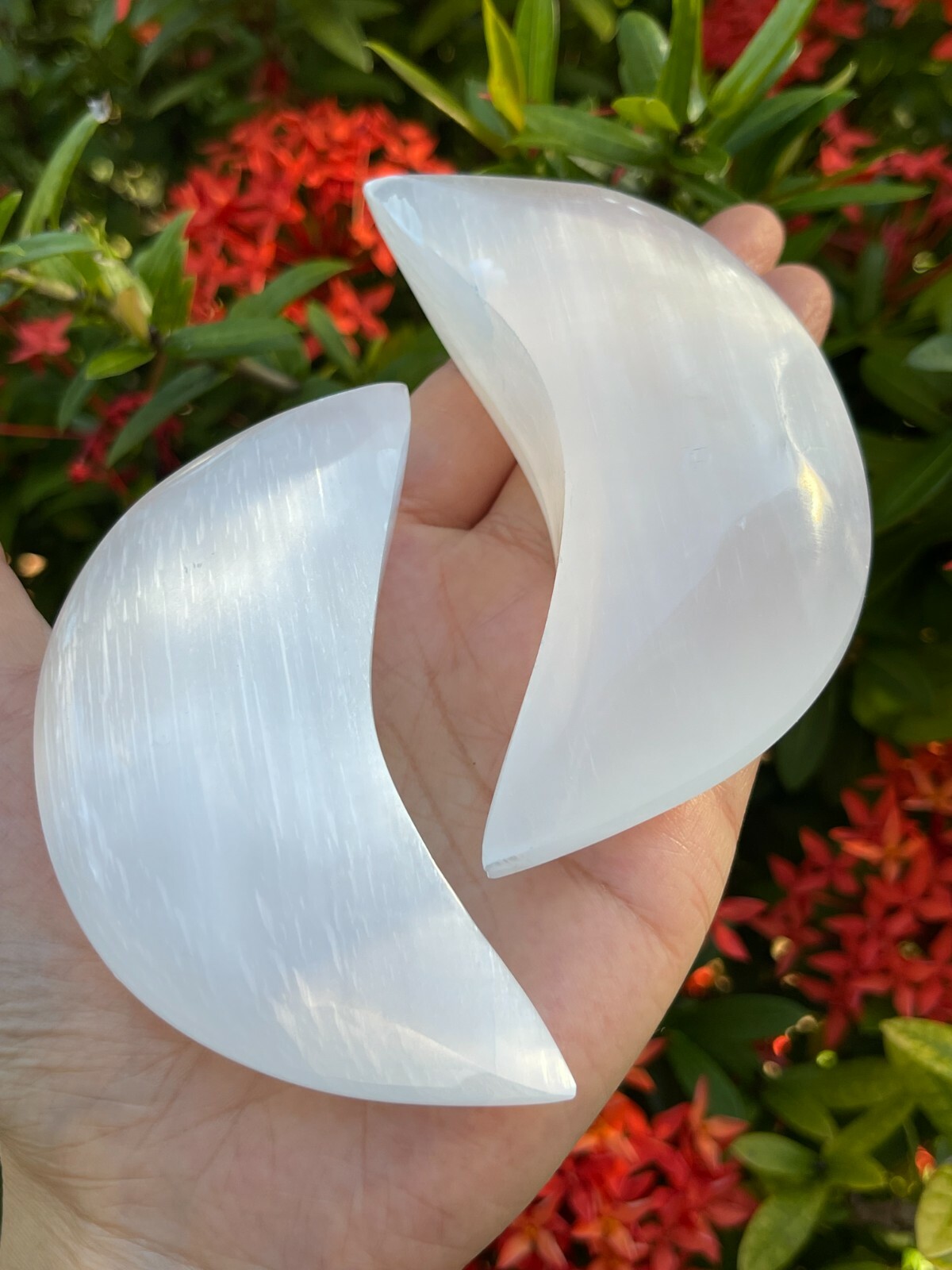 4″ Selenite Puffed Crescent Moon, Gemstone Carved Selenite Crystal Crescent Moon
