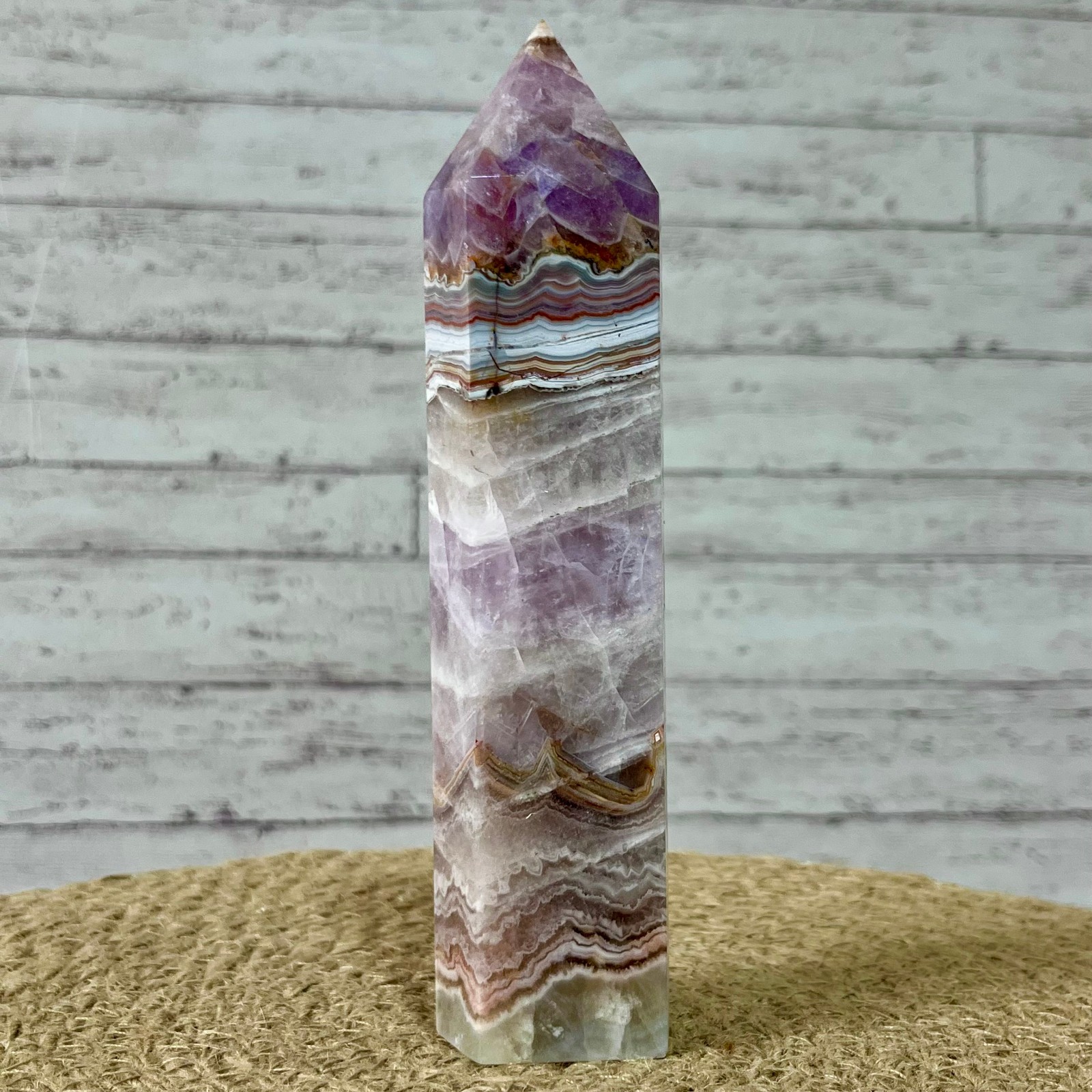 381 g Natural Amethyst Agate Tower Striped Pattern Crystal Obelisk