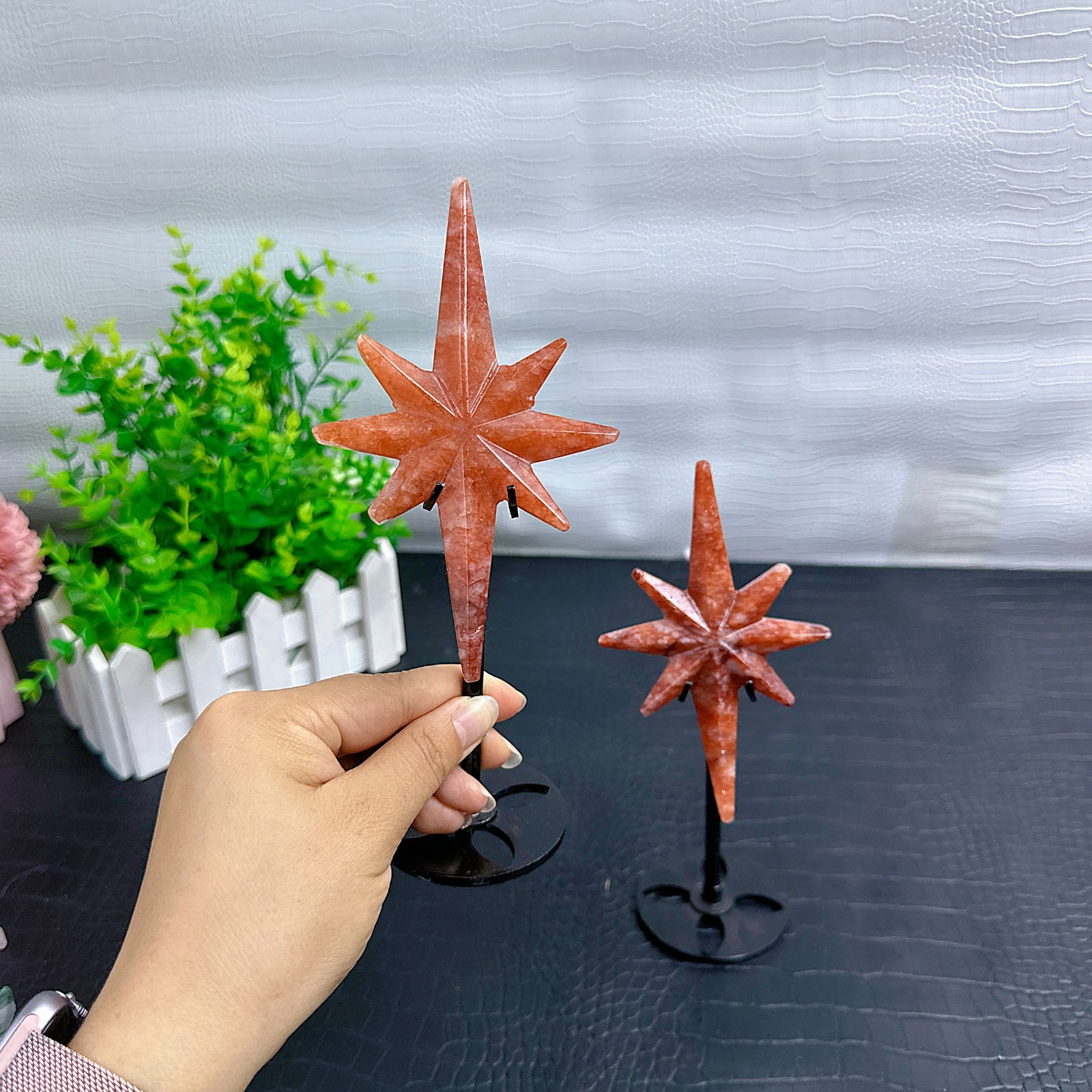7.4 ” Fire Quartz Star crystal carved North Star sculpture on stand 1pcs