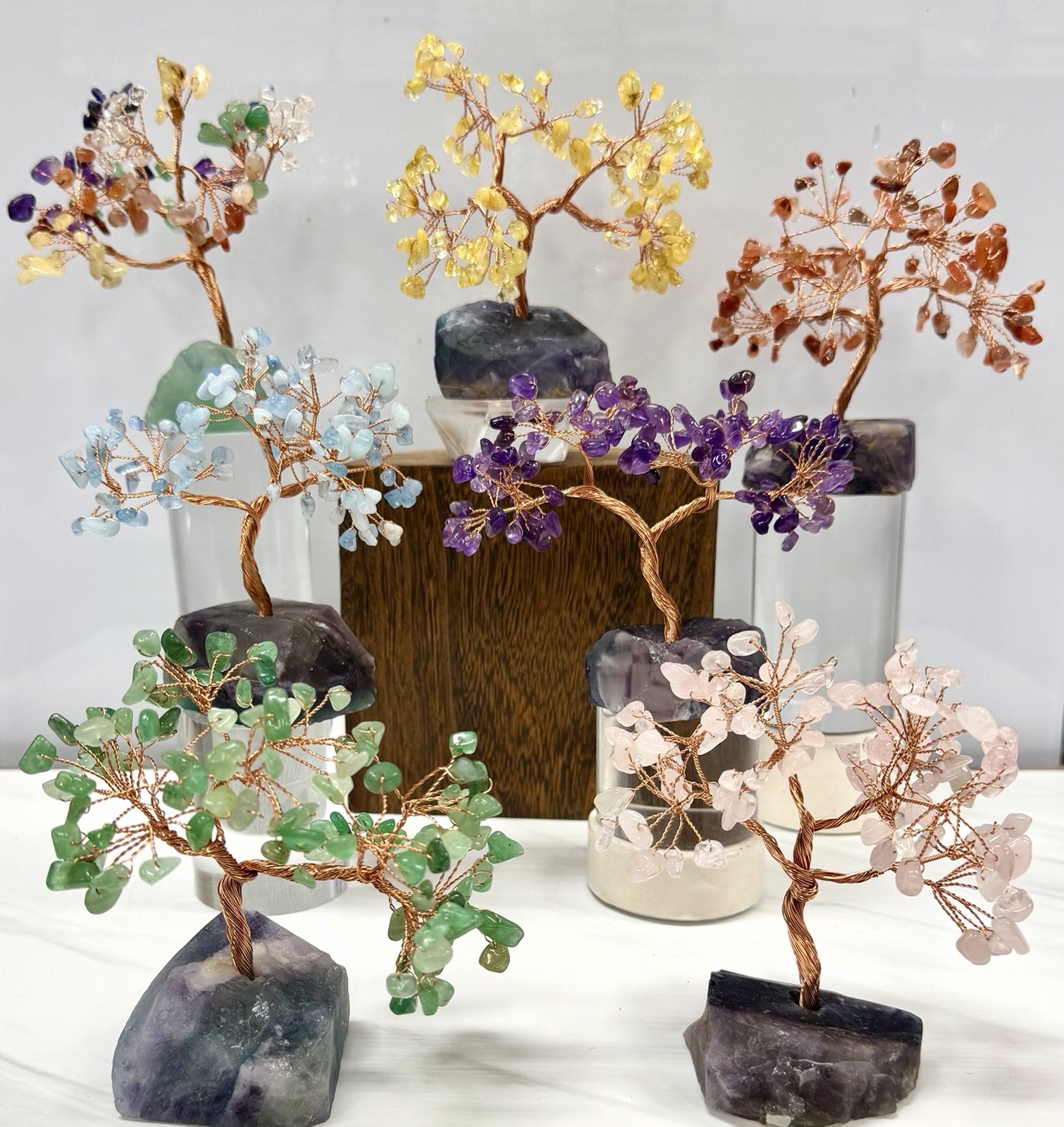 Wholesale 7 Pcs Bonsai Tree With Fluorite Base Copper Wire Natural Crystal