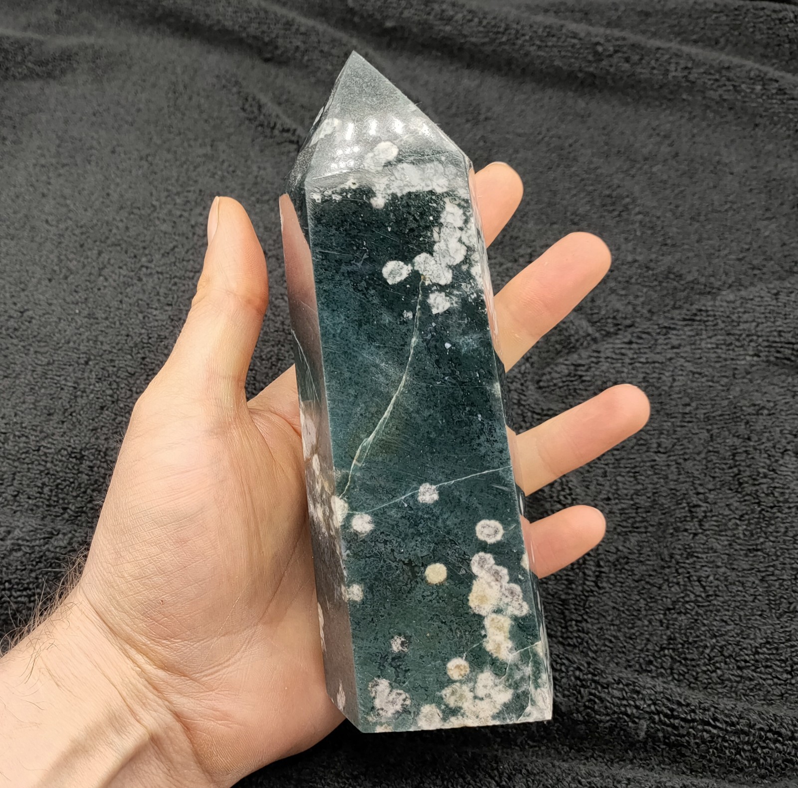 Large Chunky Snow Flake Moss Agate Tower Green & White Crystal Point 17cm
