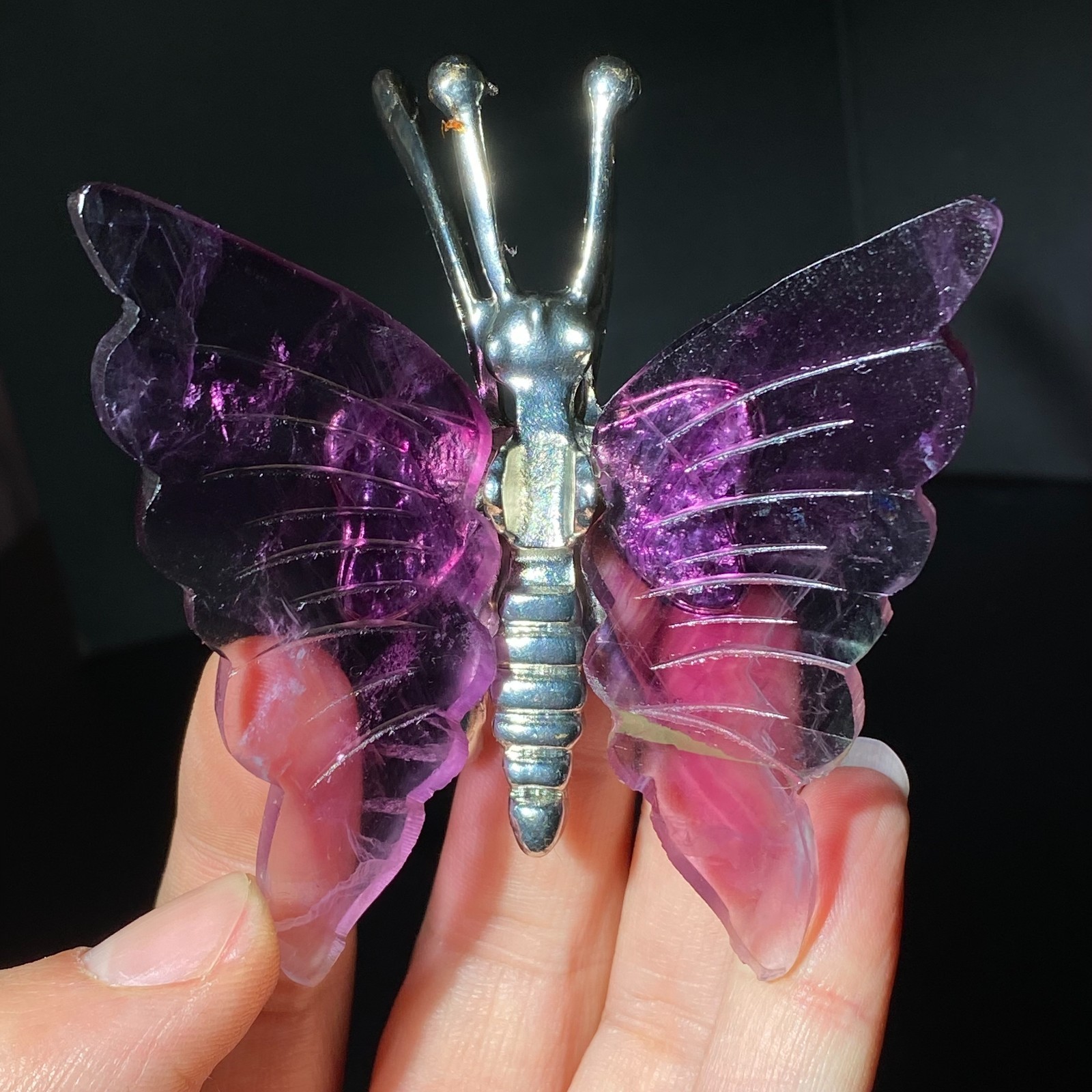 Natural Crystal Fluorite Butterfly Wings Healing Statue Decor + Stand